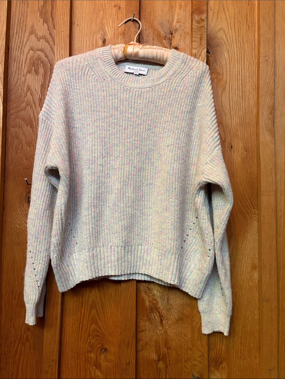 New Michael Stars Crewneck Oversized Knit Sweater Medium, Cream & Pastel Speckle